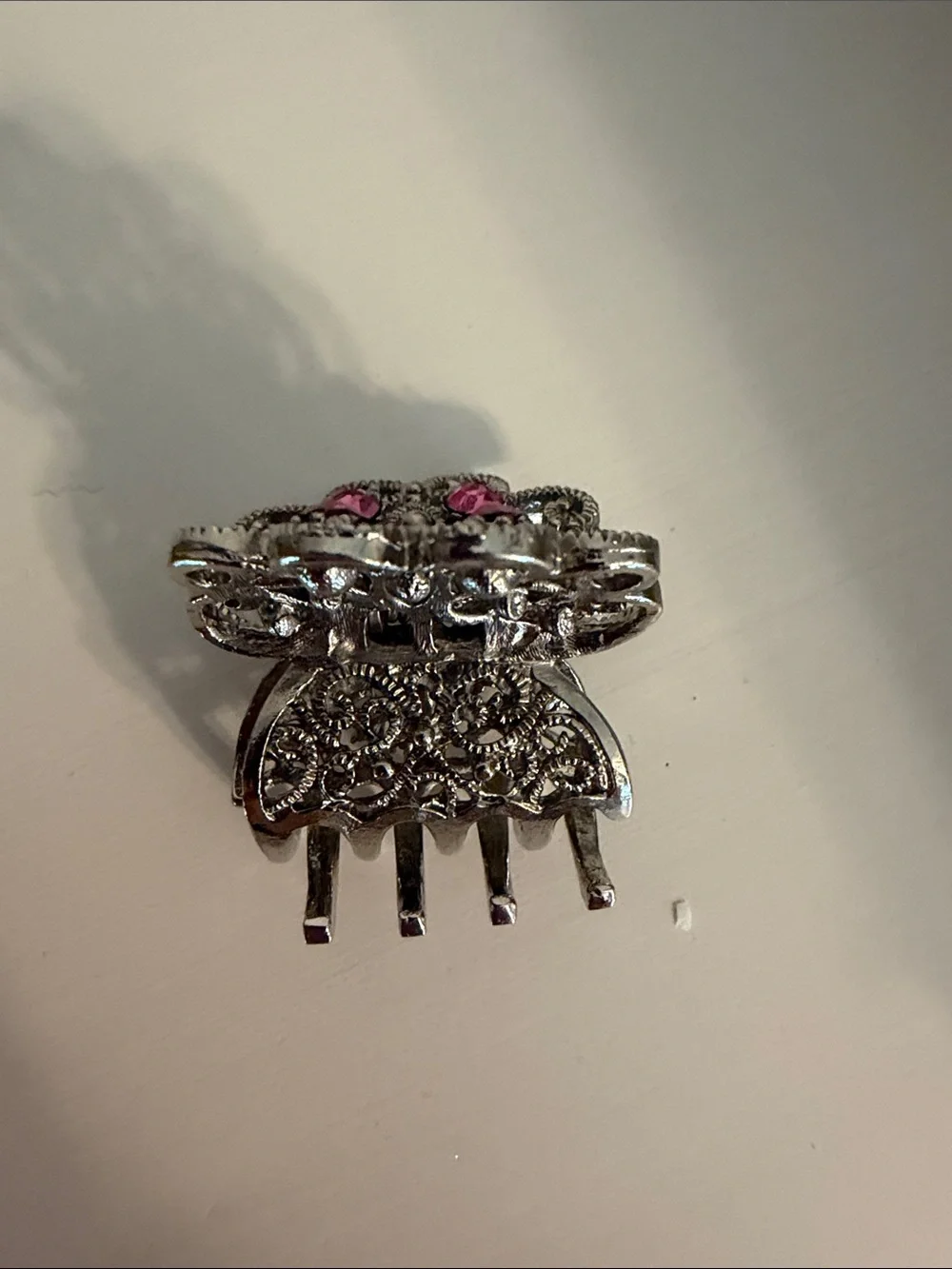Ornate Silver-Tone Hair Clip/claw with Pink Crystal Accents. Like a butterfly.
